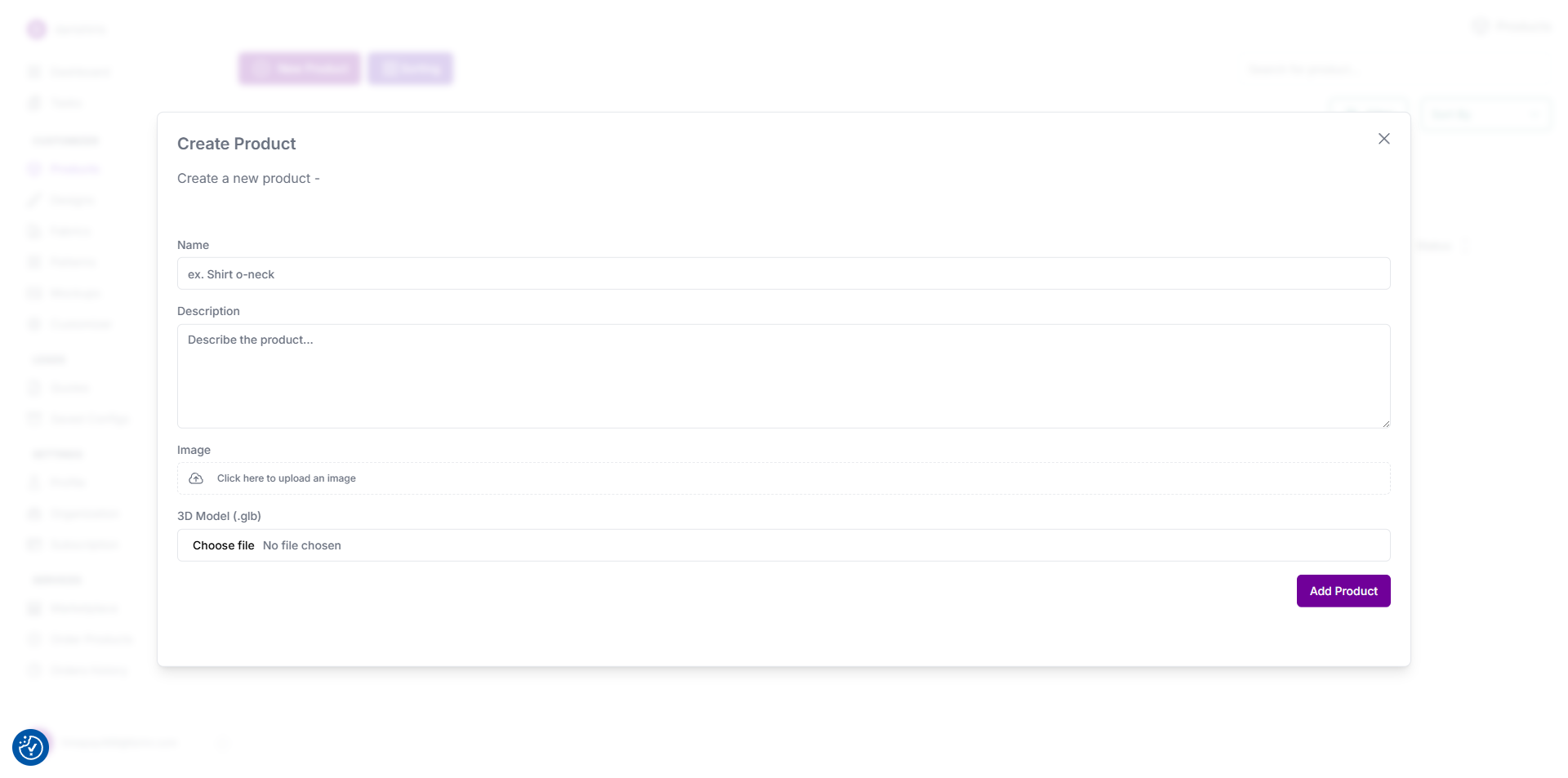 Konfiwear product creation form showing fields for name, description, image upload, and 3D model upload